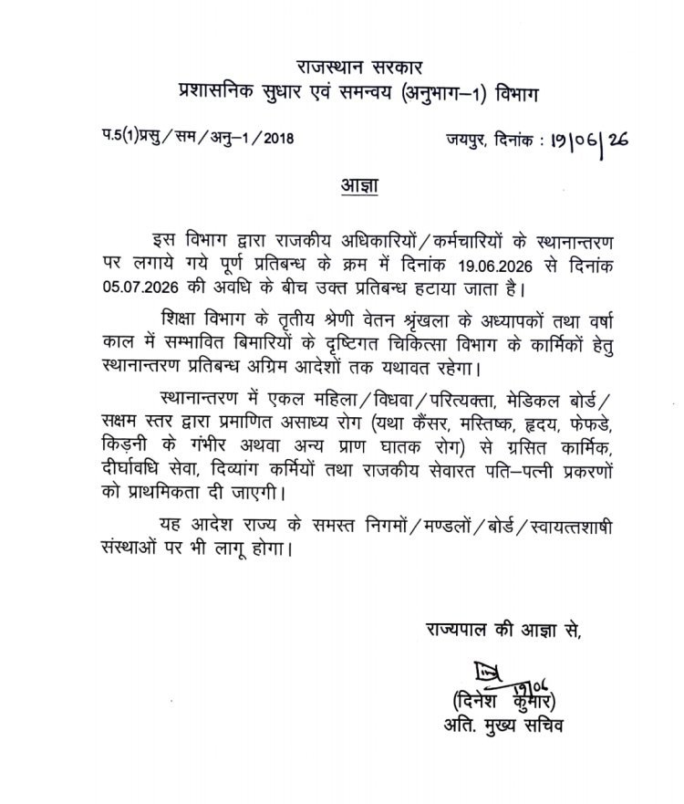 राज्य कार्मिकों के स्थानांतरण पर 5 जुलाई तक हटाया बेन