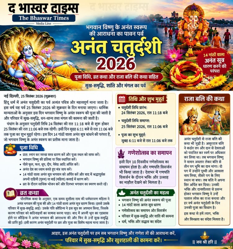 अनंत चतुर्दशी 2026: 25 सितंबर को मनाया जाएगा पावन पर्व, जानें पूजा विधि, शुभ मुहूर्त और पौराणिक कथाएं